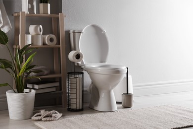 Photo of White toilet bowl, paper rolls and houseplant in bathroom