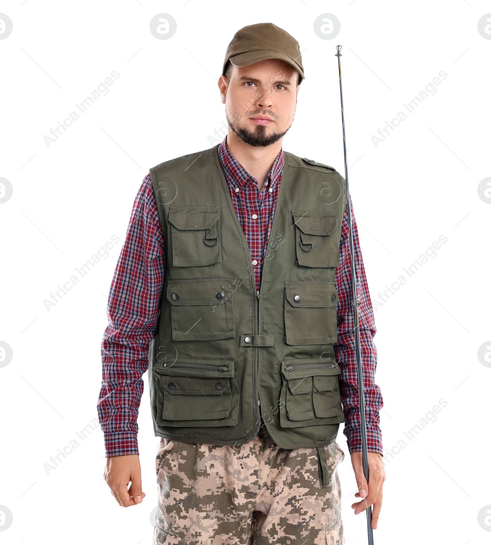 Photo of Young fisherman with rod isolated on white