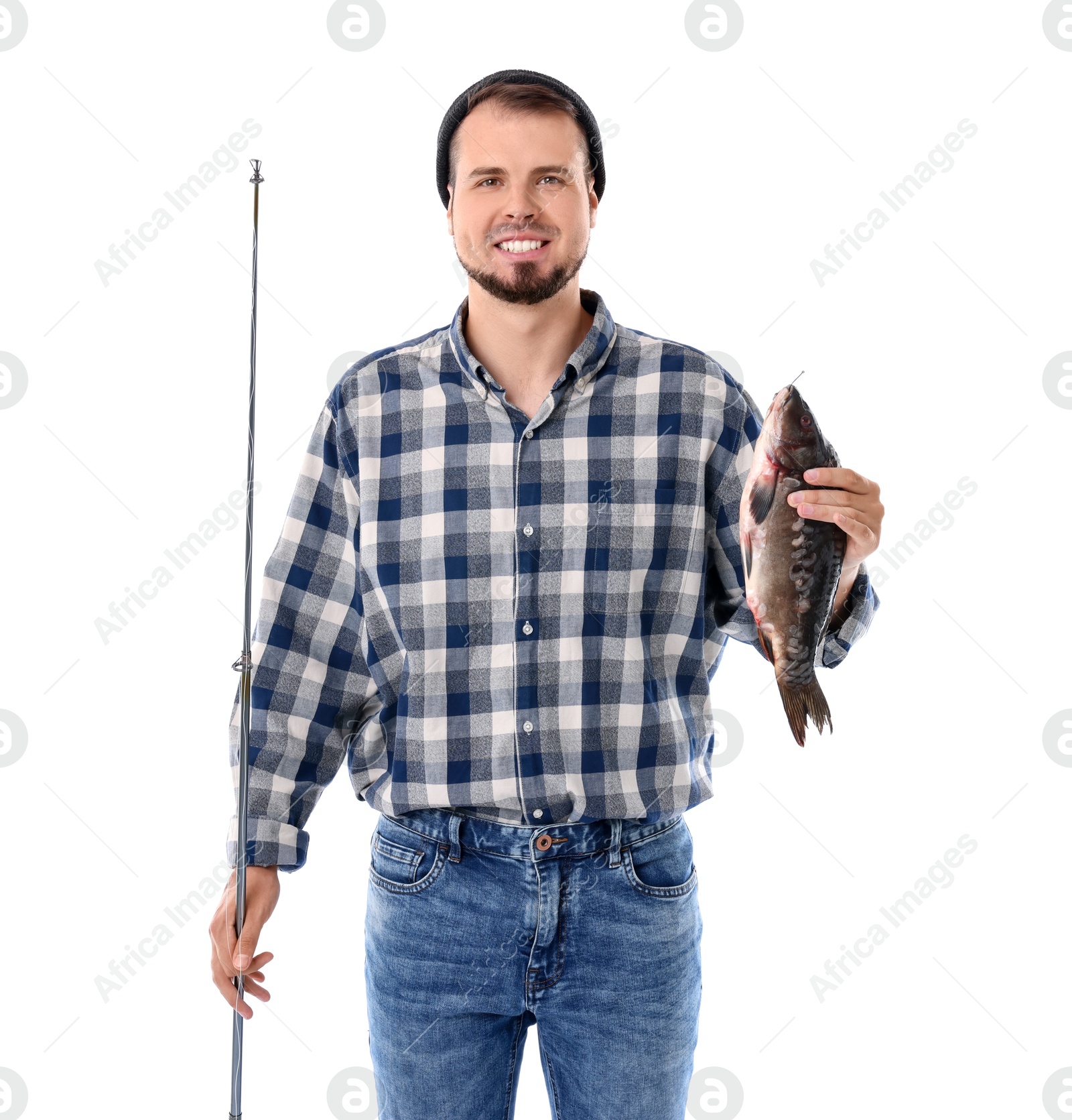 Photo of Smiling fisherman with rod and caught fish isolated on white