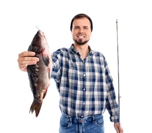 Smiling fisherman with rod and caught fish isolated on white, selective focus