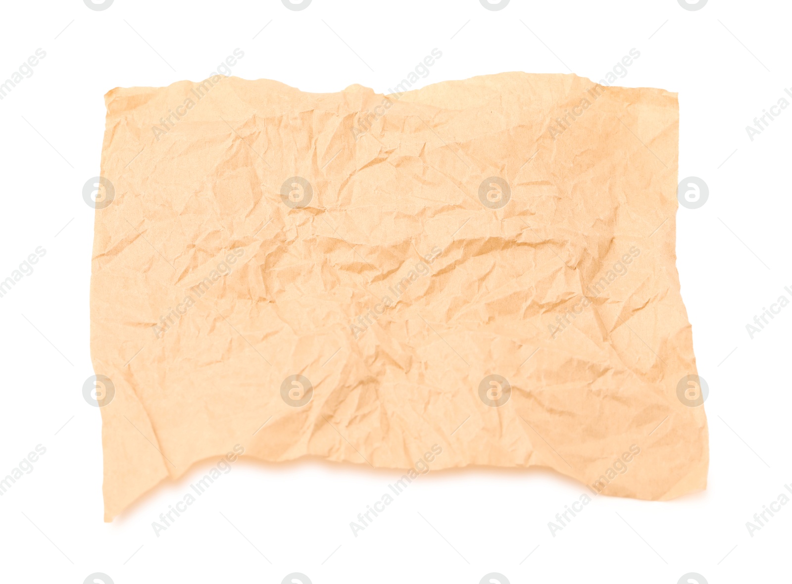 Photo of Crumpled kraft paper sheet isolated on white, top view