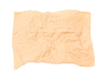 Photo of Crumpled kraft paper sheet isolated on white, top view