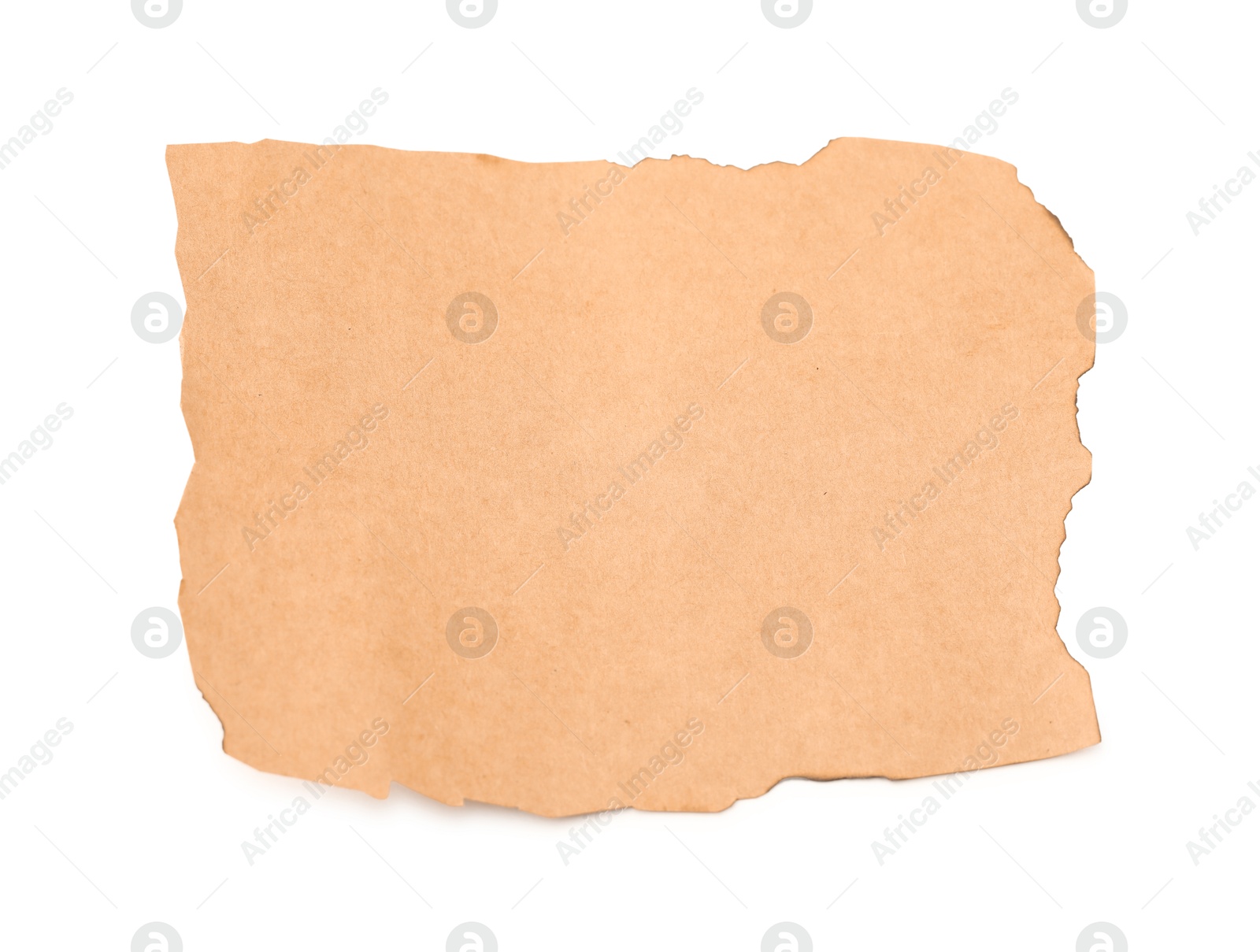 Photo of Piece of old paper with dark burnt borders isolated on white, top view