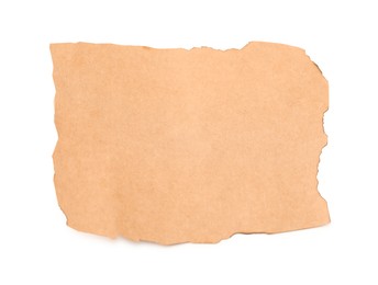 Photo of Piece of old paper with dark burnt borders isolated on white, top view