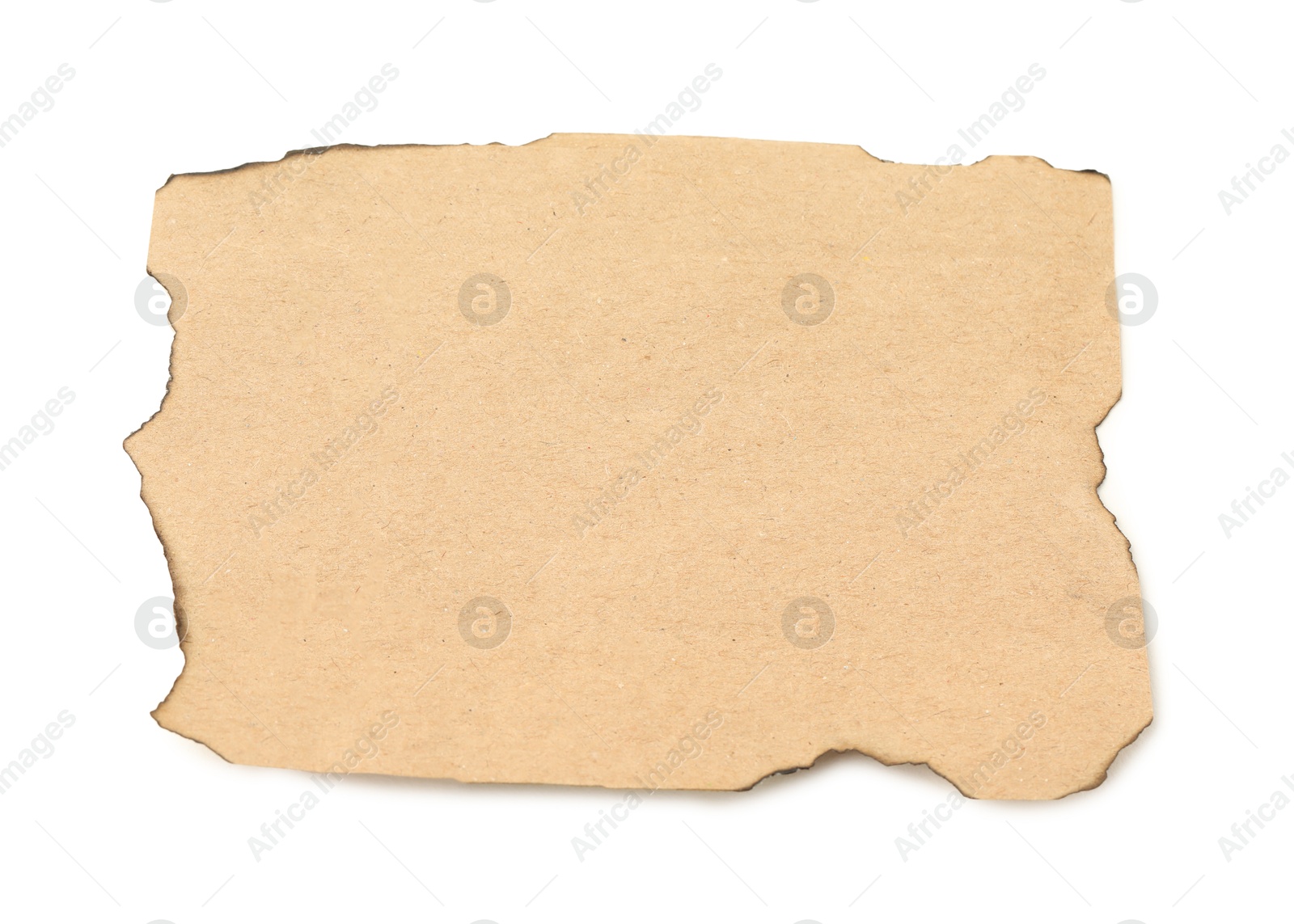 Photo of Piece of old paper with dark burnt borders isolated on white, top view