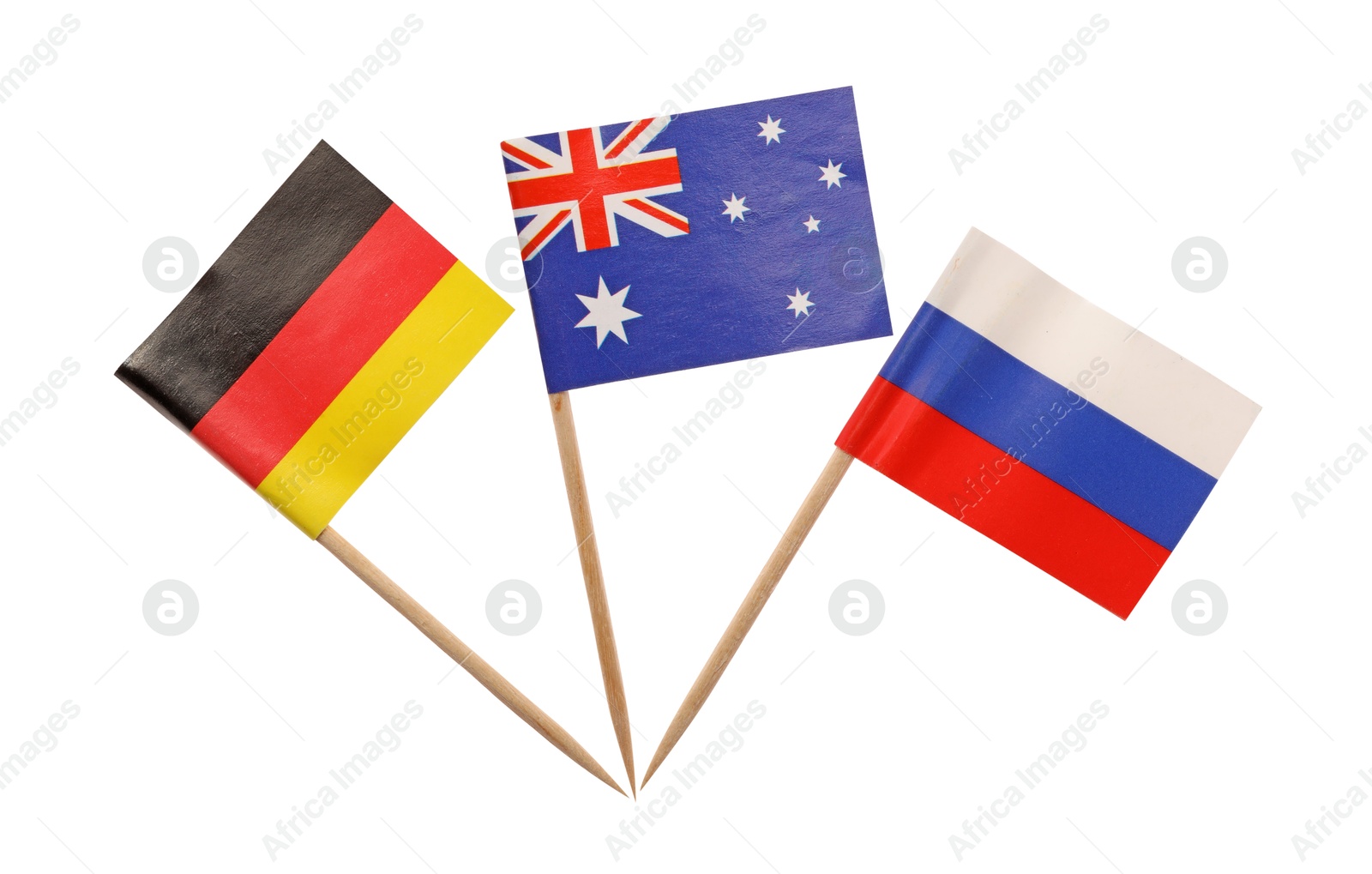 Photo of Small paper flags of Russia, Australia and Germany isolated on white