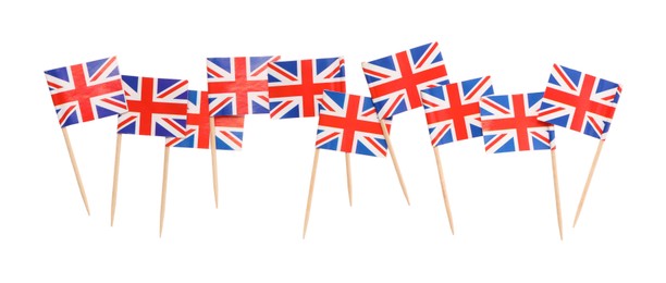 Photo of Small paper flags of United Kingdom isolated on white