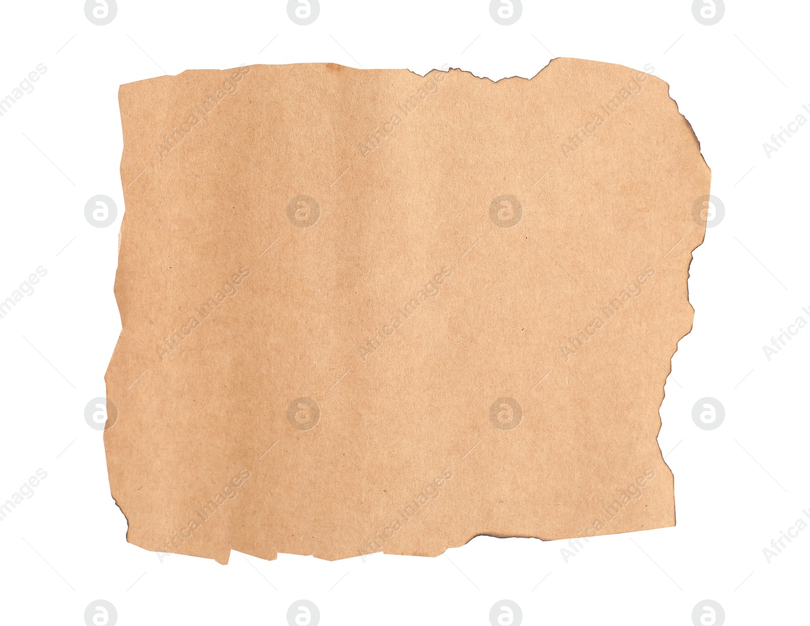 Photo of Old kraft paper with dark burnt borders isolated on white, top view