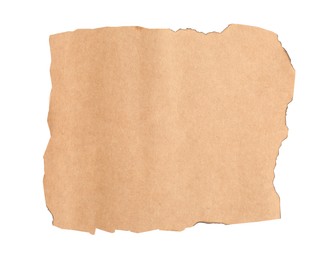 Photo of Old kraft paper with dark burnt borders isolated on white, top view