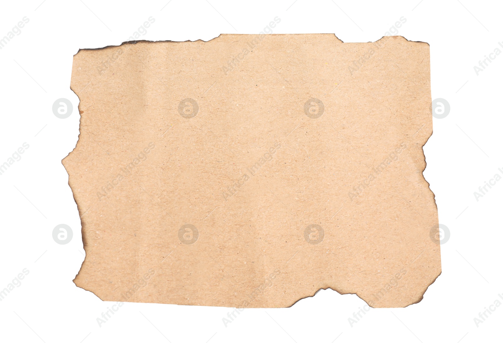 Photo of Old paper with dark burnt borders isolated on white, top view