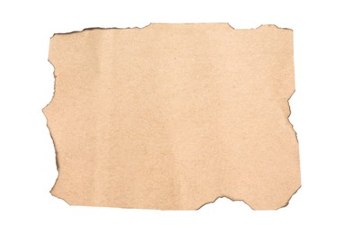 Photo of Old paper with dark burnt borders isolated on white, top view