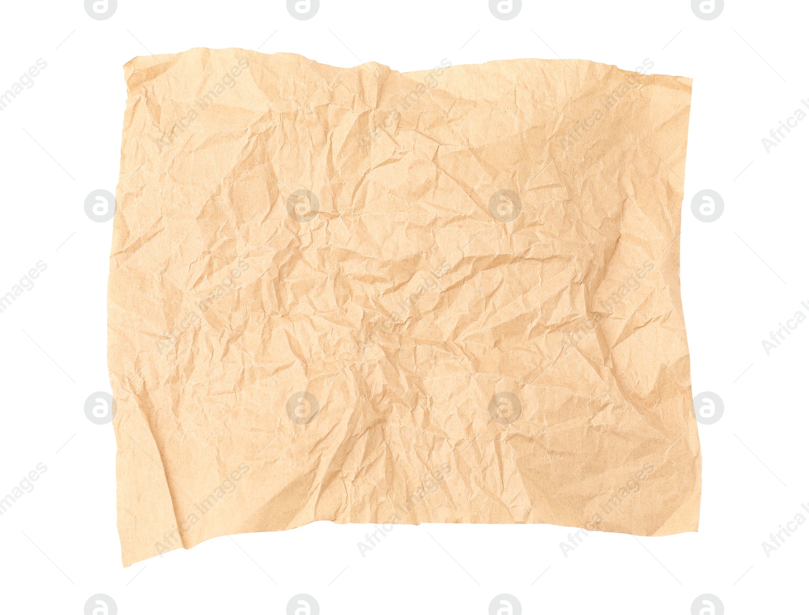 Photo of Crumpled kraft paper sheet isolated on white, top view