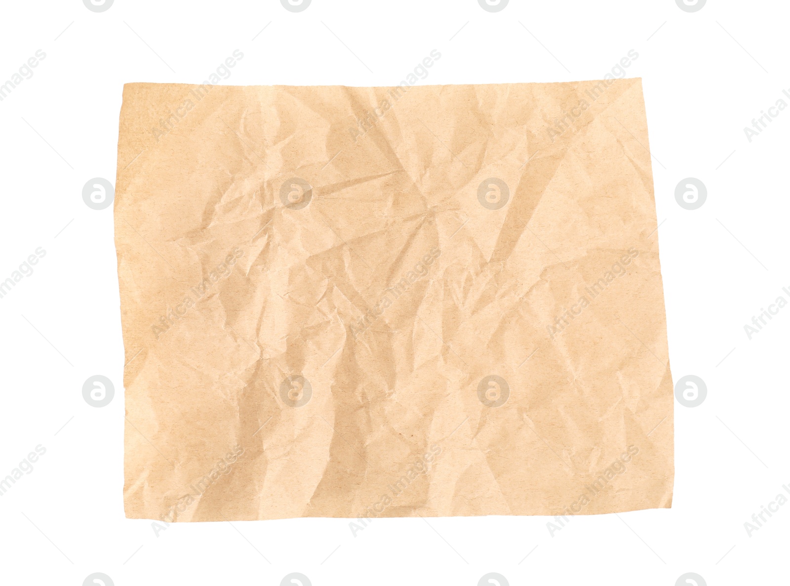 Photo of Crumpled kraft paper sheet isolated on white, top view