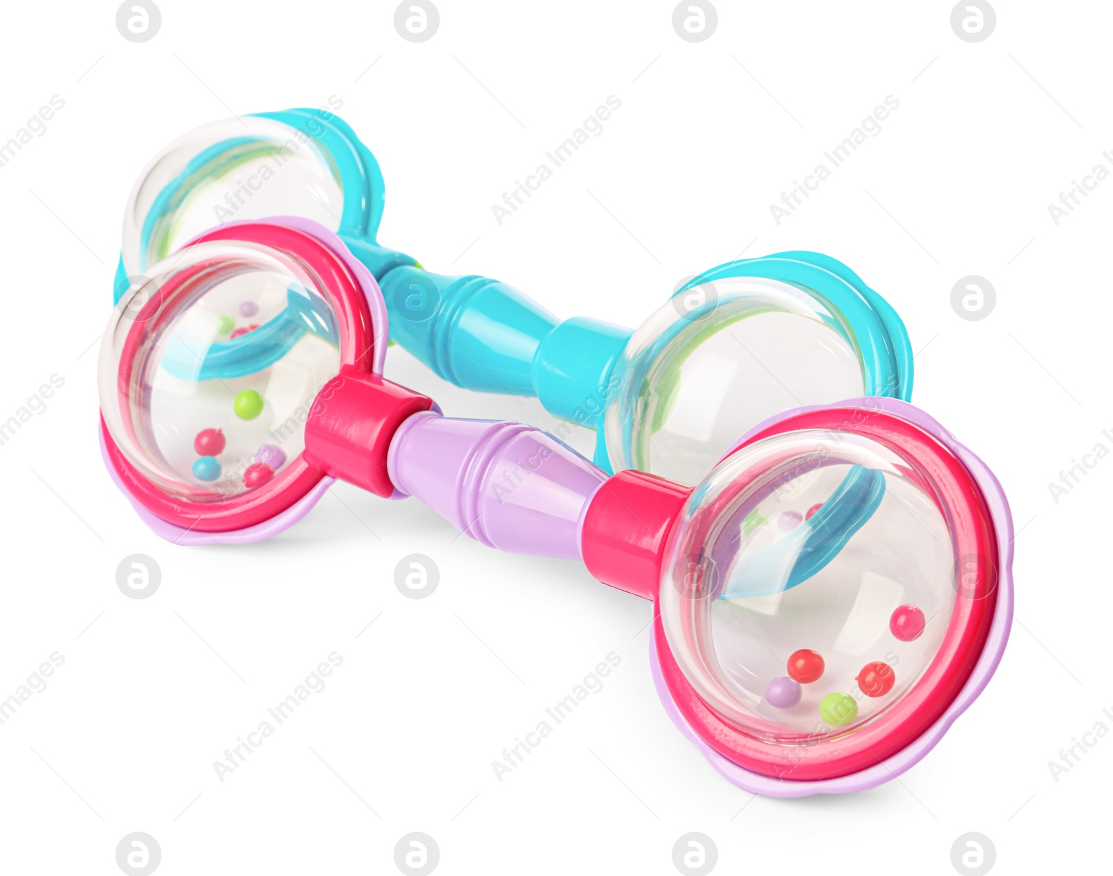 Photo of Colorful rattles isolated on white. Baby accessories