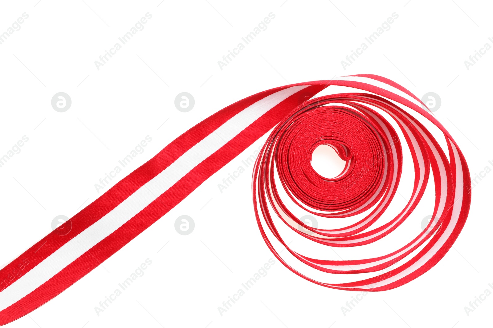 Photo of Ribbon in colors of Austrian flag isolated on white, top view