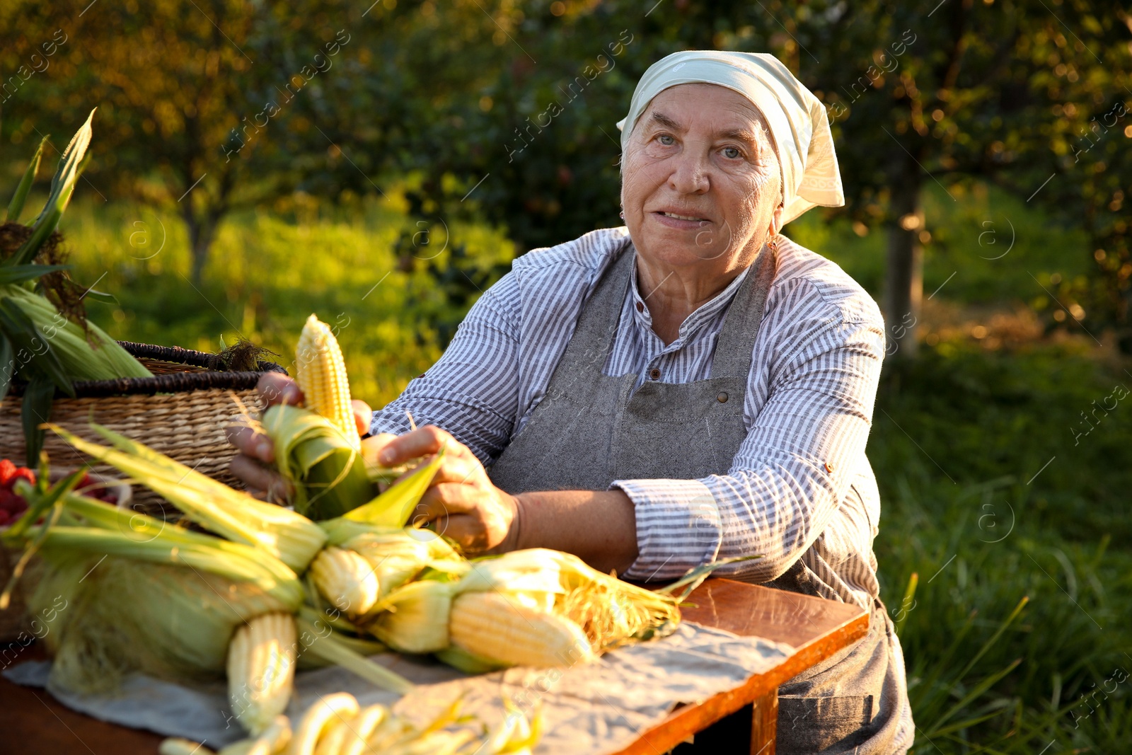 Photo of Senior farmer with different fresh products at wooden table outdoors