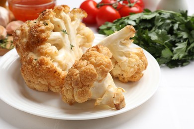 Plate with tasty baked cauliflower on white table, closeup