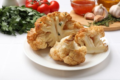 Plate with tasty baked cauliflower on white table, closeup