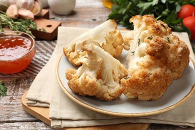 Plate with tasty baked cauliflower, sauce and products on wooden table, closeup