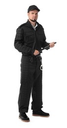 Photo of Young security guard in uniform with baton isolated on white