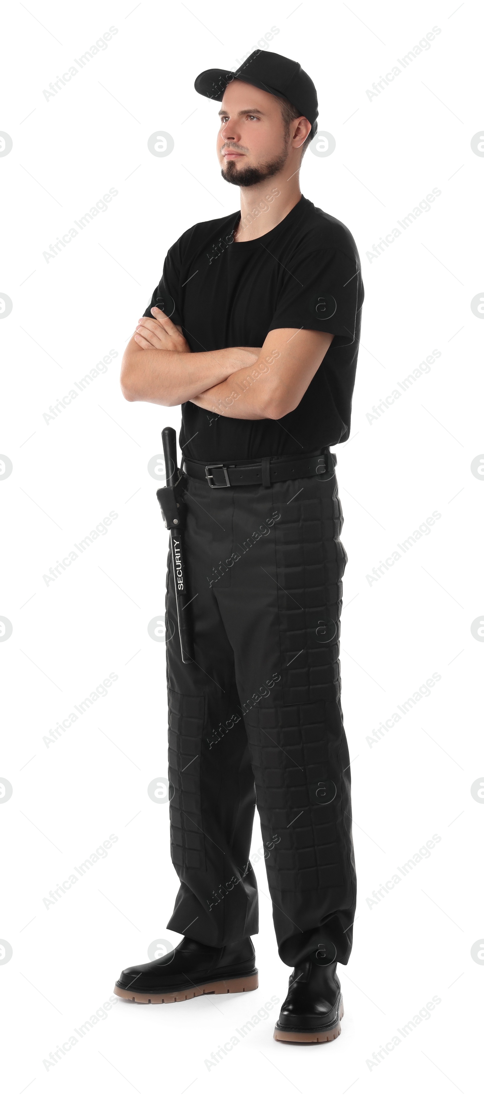 Photo of Young bodyguard with baton isolated on white