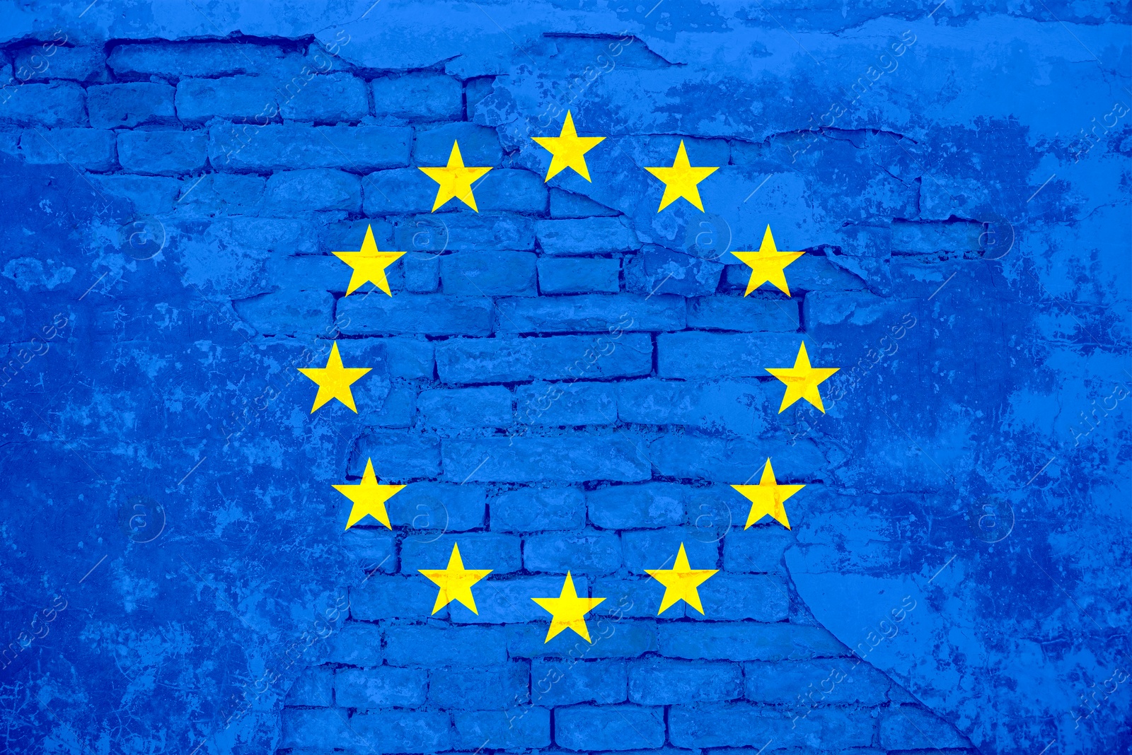 Image of Flag of European Union on old brick wall