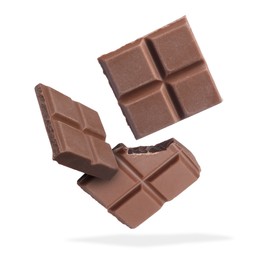 Image of Pieces of sweet chocolate falling on white background