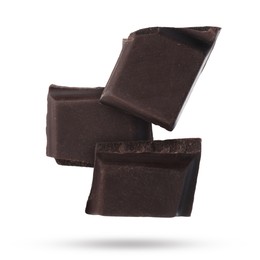 Image of Pieces of sweet chocolate falling on white background