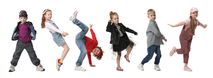 Children dancing on white background, collection of portraits