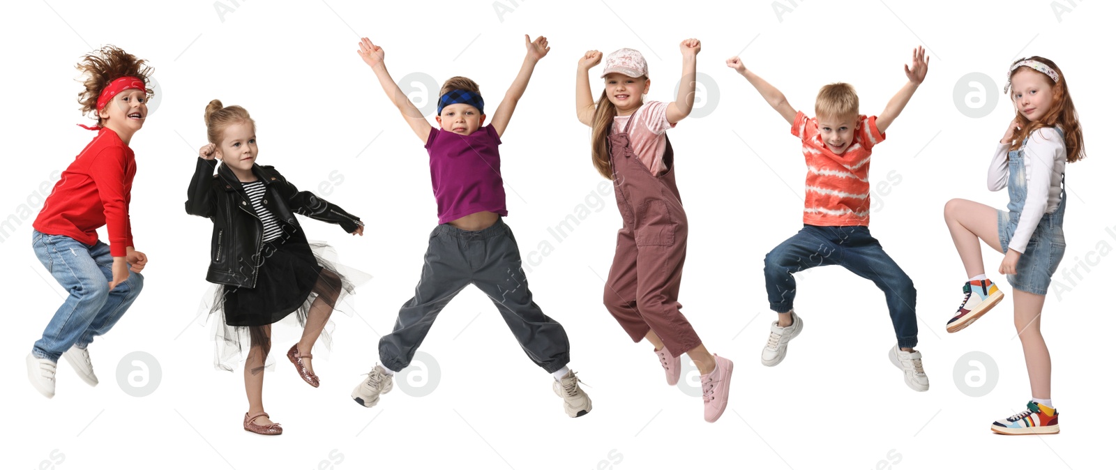 Image of Children dancing on white background, collection of portraits