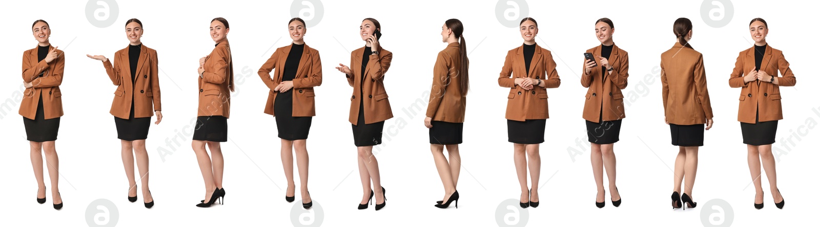 Image of Beautiful businesswoman in suit on white background, collage of portraits