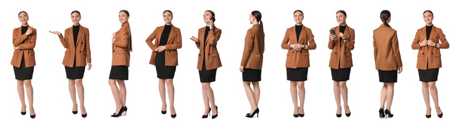 Beautiful businesswoman in suit on white background, collage of portraits