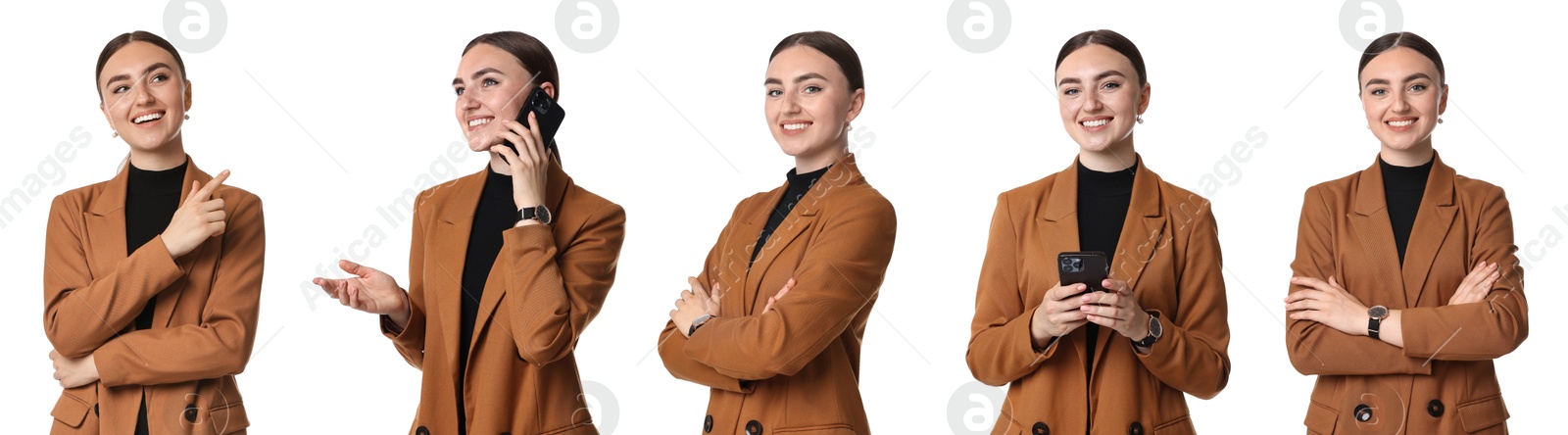 Image of Beautiful businesswoman in suit on white background, collage of portraits