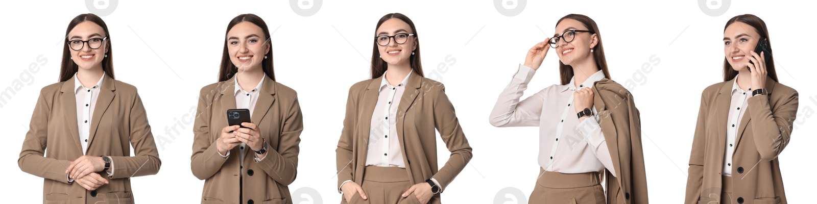 Image of Beautiful businesswoman in suit on white background, collage of portraits