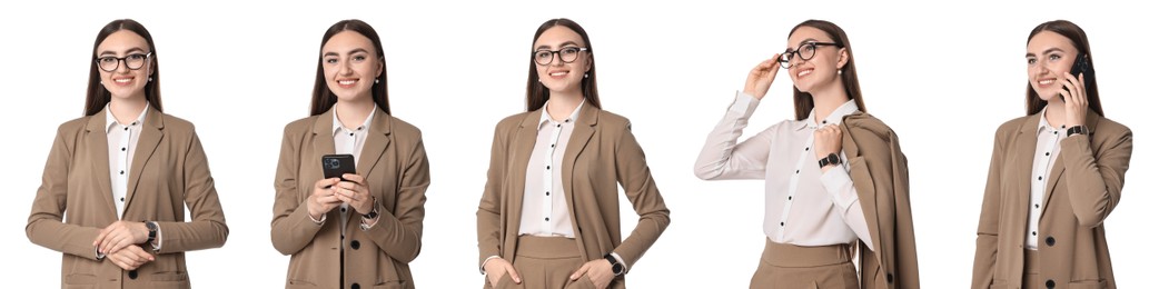 Image of Beautiful businesswoman in suit on white background, collage of portraits