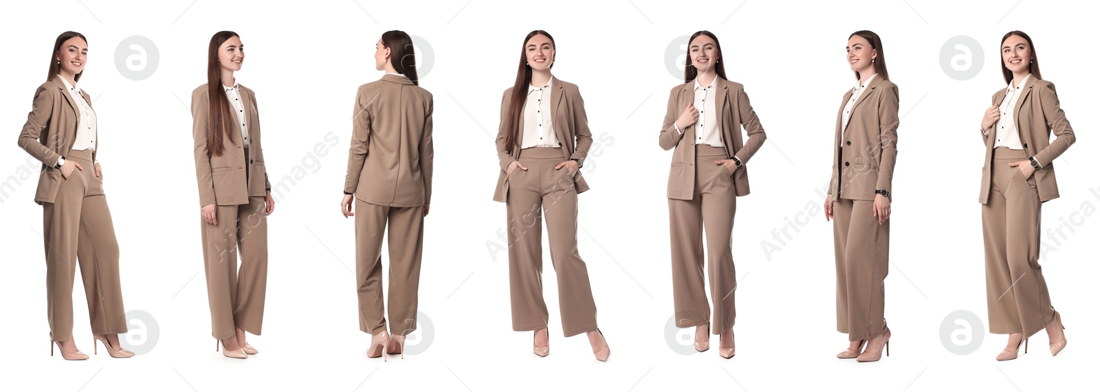 Image of Beautiful businesswoman in suit on white background, collage of portraits