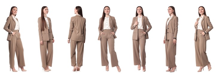 Image of Beautiful businesswoman in suit on white background, collage of portraits