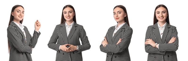 Image of Beautiful businesswoman in suit on white background, collage of portraits