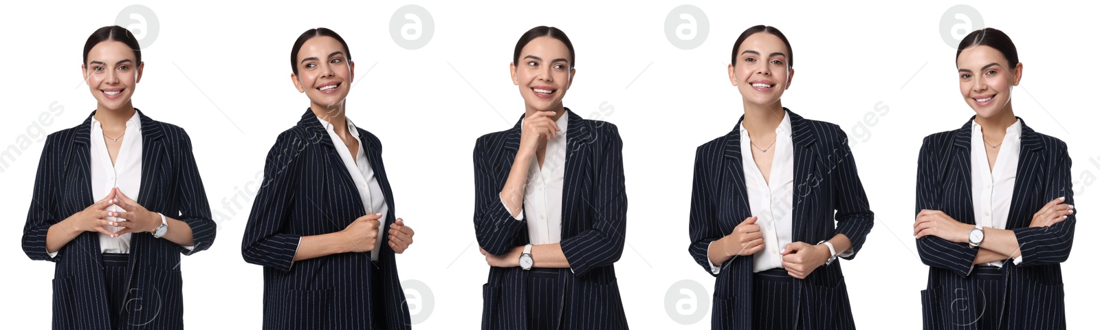 Image of Beautiful businesswoman in suit on white background, collage of portraits