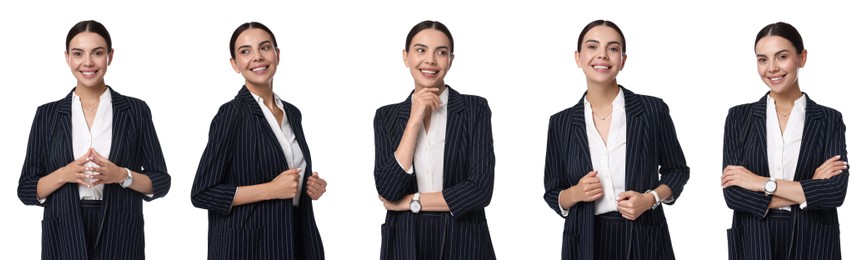 Beautiful businesswoman in suit on white background, collage of portraits