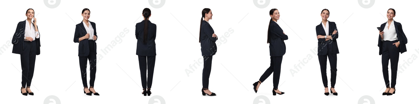 Image of Beautiful businesswoman in suit on white background, collage of portraits