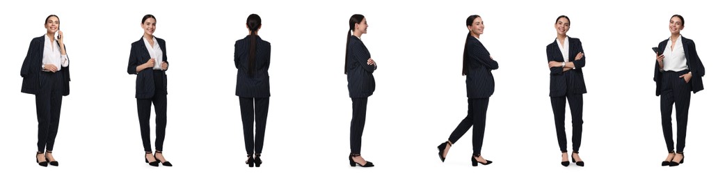 Image of Beautiful businesswoman in suit on white background, collage of portraits