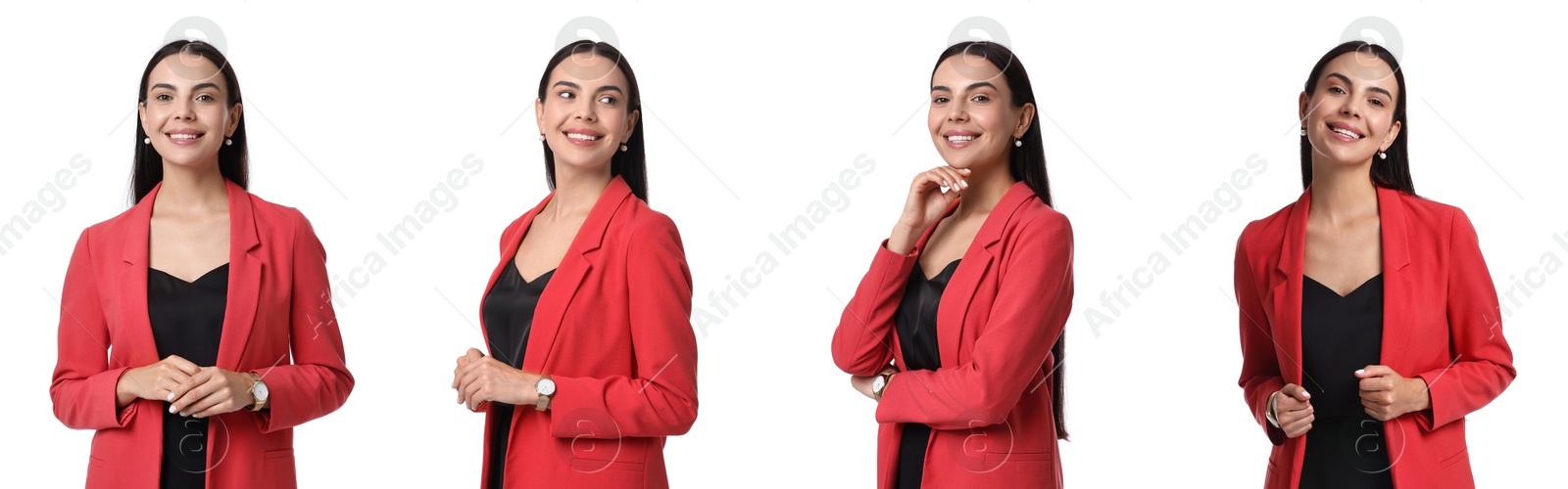 Image of Beautiful businesswoman in suit on white background, collage of portraits