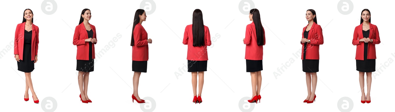 Image of Beautiful businesswoman in suit on white background, collage of portraits