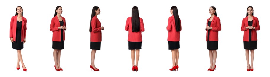 Beautiful businesswoman in suit on white background, collage of portraits