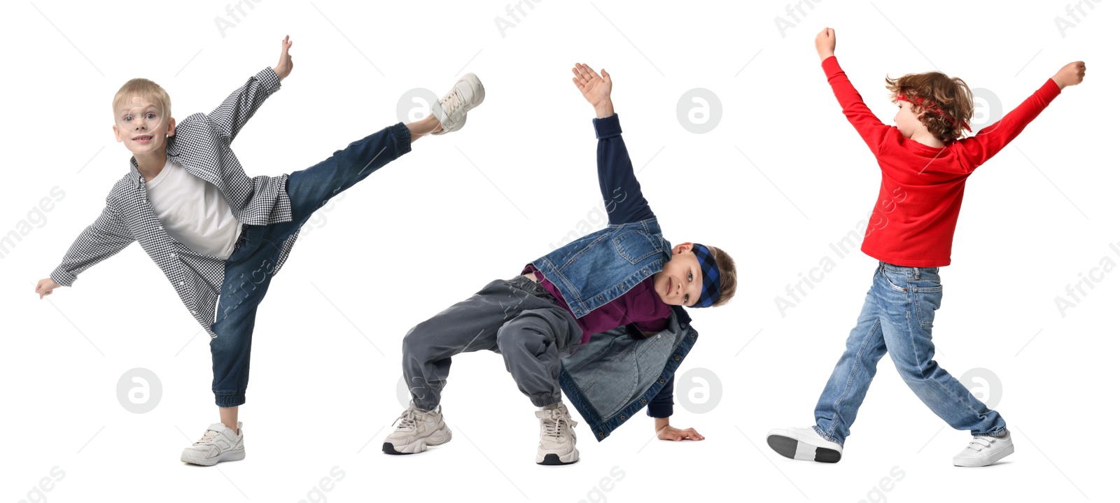 Image of Children dancing on white background, collection of portraits