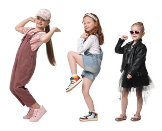 Children dancing on white background, collection of portraits