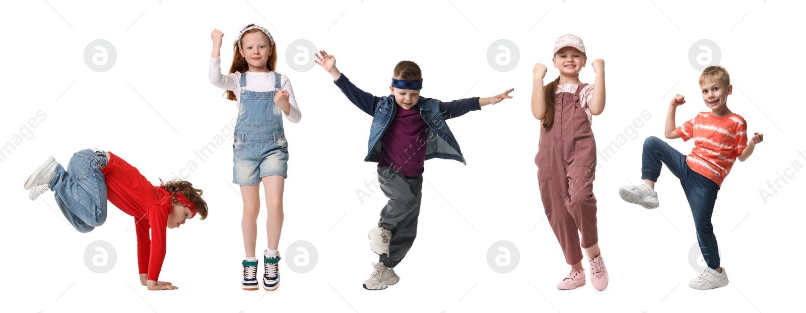 Image of Children dancing on white background, collection of portraits