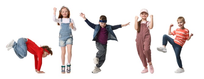 Children dancing on white background, collection of portraits