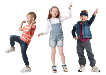 Children dancing on white background, collection of portraits